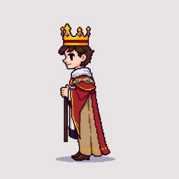 A side view of a pixelated king standing on a plain empty background, depicted in a medieval style