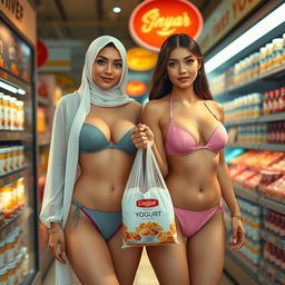 Two white-skinned women, a 35-year-old Arab Muslim girl with a full chest and a long-haired European girl having an hourglass figure, both wearing bikinis with an emphasis on fashion such as a skimpy two-piece bandeau, one-shoulder top, and high-neck bikini styles