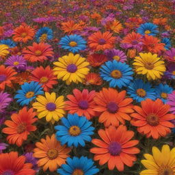 A vibrant array of psychedelic flowers in bloom, glowing with intense colors and intricate patterns in a mesmerizing field.