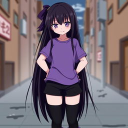 An anime girl with long, straight hair that reaches her waist, dark in color, featuring intense purple eyes and pale skin