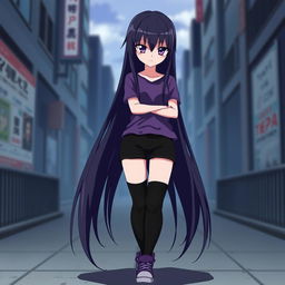 An anime girl with long, straight hair that reaches her waist, dark in color, featuring intense purple eyes and pale skin