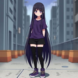 An anime girl with long, straight hair that reaches her waist, dark in color, featuring intense purple eyes and pale skin