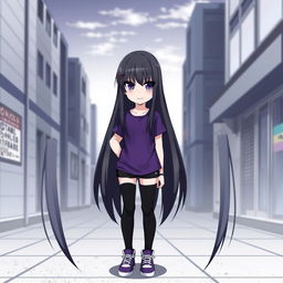 An anime girl with long, straight hair that reaches her waist, dark in color, featuring intense purple eyes and pale skin