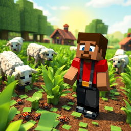 A vibrant Minecraft scene depicting lush green crops being damaged by playful sheep and small, colorful spiders