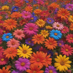 A vibrant array of psychedelic flowers in bloom, glowing with intense colors and intricate patterns in a mesmerizing field.