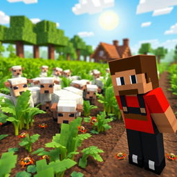 A vibrant Minecraft scene depicting lush green crops being damaged by playful sheep and small, colorful spiders