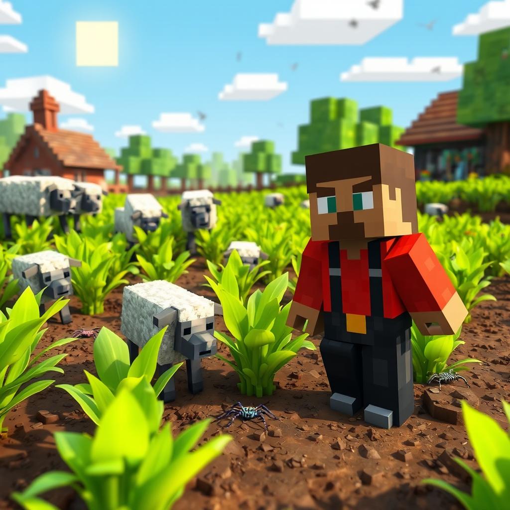 A vibrant Minecraft scene depicting lush green crops being damaged by playful sheep and small, colorful spiders