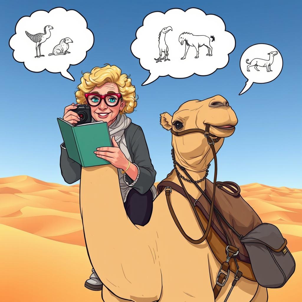 Martine, a lively woman in her seventies with short curly blonde hair and bright blue-green eyes, wears stylish glasses as she ventures across the stunning Moroccan desert