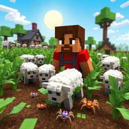 A vibrant Minecraft scene depicting lush green crops being damaged by playful sheep and small, colorful spiders