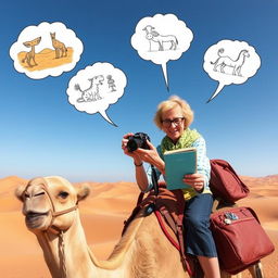 Martine, a lively woman in her seventies with short curly blonde hair and bright blue-green eyes, wears stylish glasses as she ventures across the stunning Moroccan desert