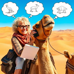 Martine, a lively woman in her seventies with short curly blonde hair and bright blue-green eyes, wears stylish glasses as she ventures across the stunning Moroccan desert