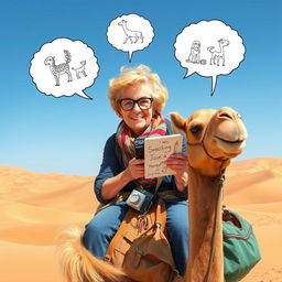 Martine, a lively woman in her seventies with short curly blonde hair and bright blue-green eyes, wears stylish glasses as she ventures across the stunning Moroccan desert