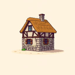 A side view of a pixelated house, standing on a plain empty background, depicted in a medieval style