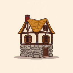 A side view of a pixelated house, standing on a plain empty background, depicted in a medieval style