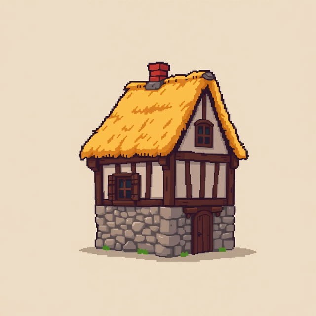 A side view of a pixelated house, standing on a plain empty background, depicted in a medieval style