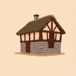 A side view of a pixelated house, standing on a plain empty background, depicted in a medieval style