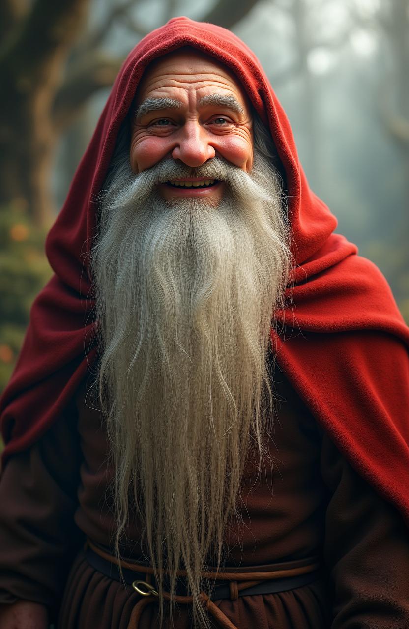 A live-action hyper-realistic depiction of the dwarf Balin from The Hobbit, showcasing a short and stout figure with a long, flowing white beard and a vibrant scarlet hood