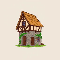 A side view of a pixelated house, standing on a plain empty background, depicted in a medieval style