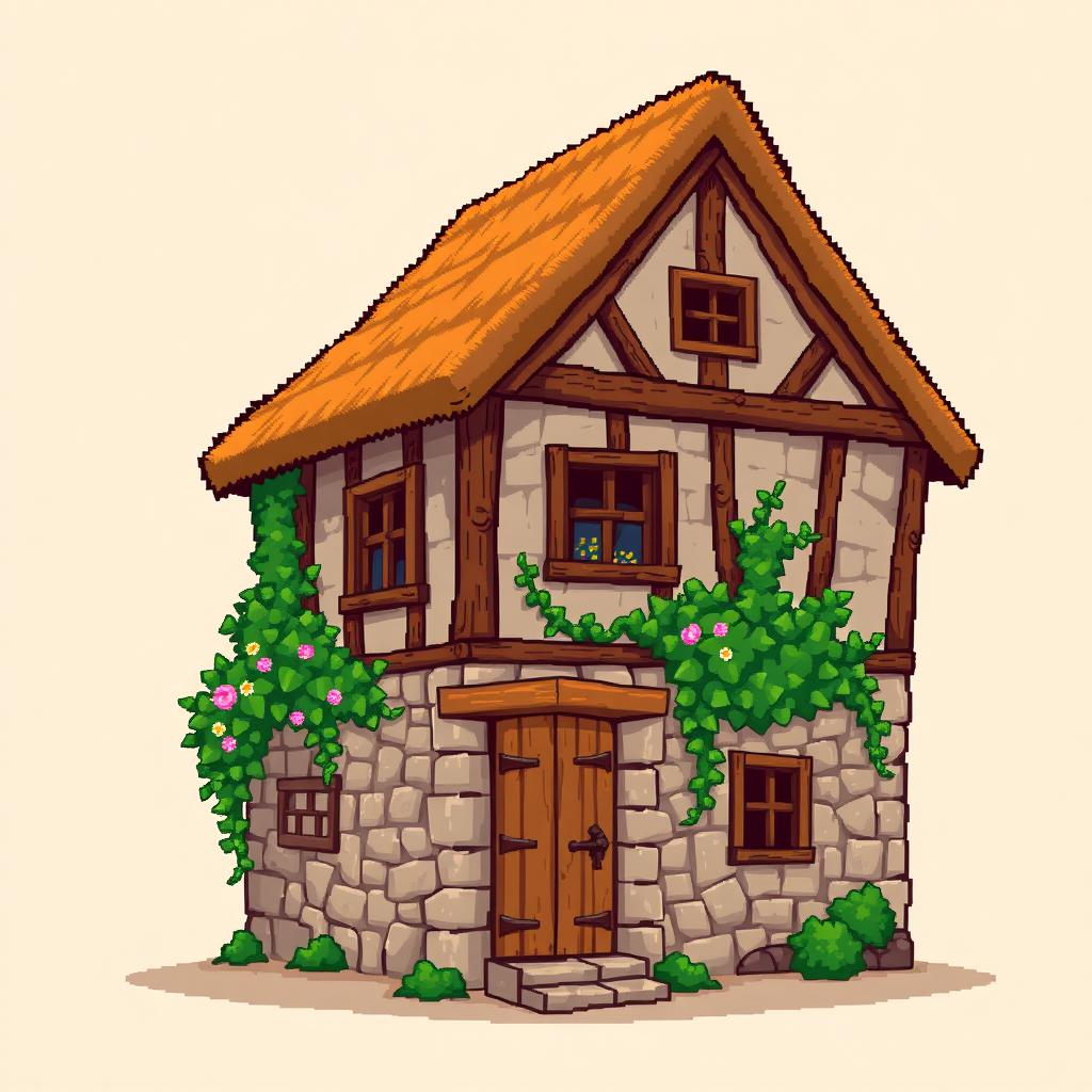 A side view of a pixelated house, standing on a plain empty background, depicted in a medieval style