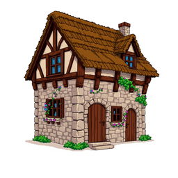 A side view of a pixelated house, standing on a plain empty background, depicted in a medieval style