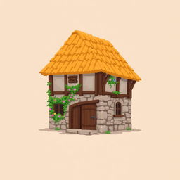 A side view of a pixelated house, standing on a plain empty background, depicted in a medieval style