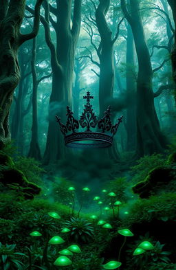 A mesmerizing green fantasy scene set in a vast wild forest, where towering trees with thick, twisted trunks rise towards the sky