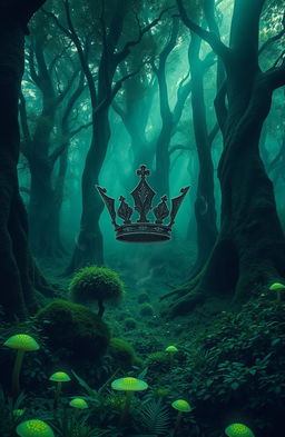 A mesmerizing green fantasy scene set in a vast wild forest, where towering trees with thick, twisted trunks rise towards the sky