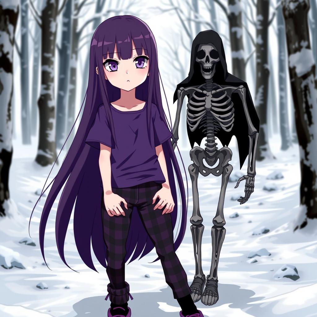 An anime girl with long, straight hair that reaches her waist, dark in color, with striking purple eyes and pale skin