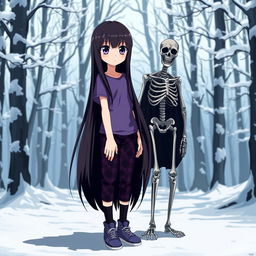 An anime girl with long, straight hair that reaches her waist, dark in color, with striking purple eyes and pale skin