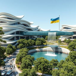 A futuristic bionic home design featuring buildings adorned with multiple flowing lines on their facades, emphasizing a harmonious blend with nature