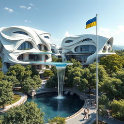 A futuristic bionic home design featuring buildings adorned with multiple flowing lines on their facades, emphasizing a harmonious blend with nature