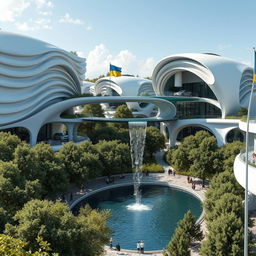 A futuristic bionic home design featuring buildings adorned with multiple flowing lines on their facades, emphasizing a harmonious blend with nature