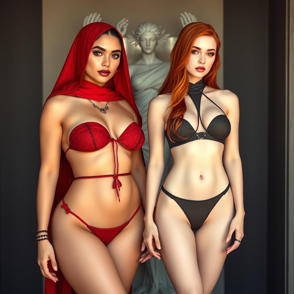 Two white-skinned women standing side by side in a striking display