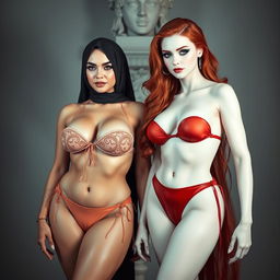 Two white-skinned women standing side by side in a striking display