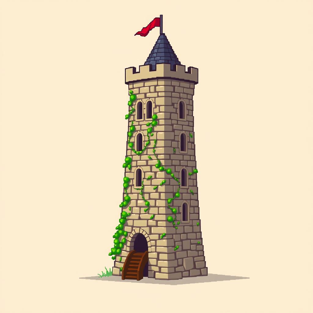 A side view of a pixelated medieval tower standing on a plain empty background, depicted in a charming and vibrant pixel art style