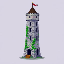 A side view of a pixelated medieval tower standing on a plain empty background, depicted in a charming and vibrant pixel art style