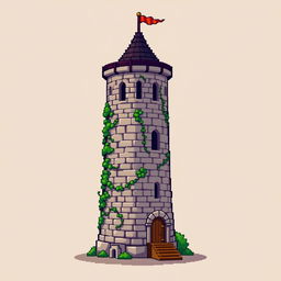 A side view of a pixelated medieval tower standing on a plain empty background, depicted in a charming and vibrant pixel art style