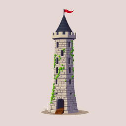 A side view of a pixelated medieval tower standing on a plain empty background, depicted in a charming and vibrant pixel art style