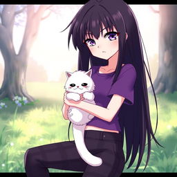 An anime girl with long, straight hair that reaches her waist, dark in color, featuring striking purple eyes and pale skin