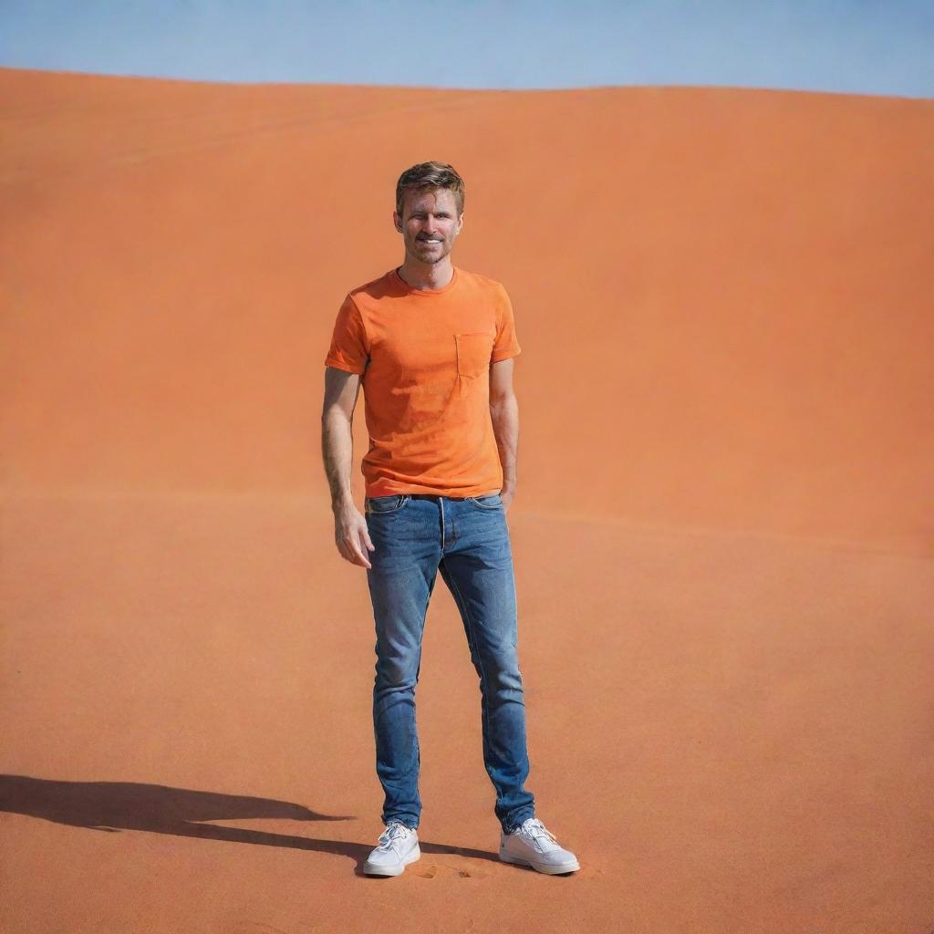 An individual in the middle of a vivid orange desert, wearing a t-shirt and jeans