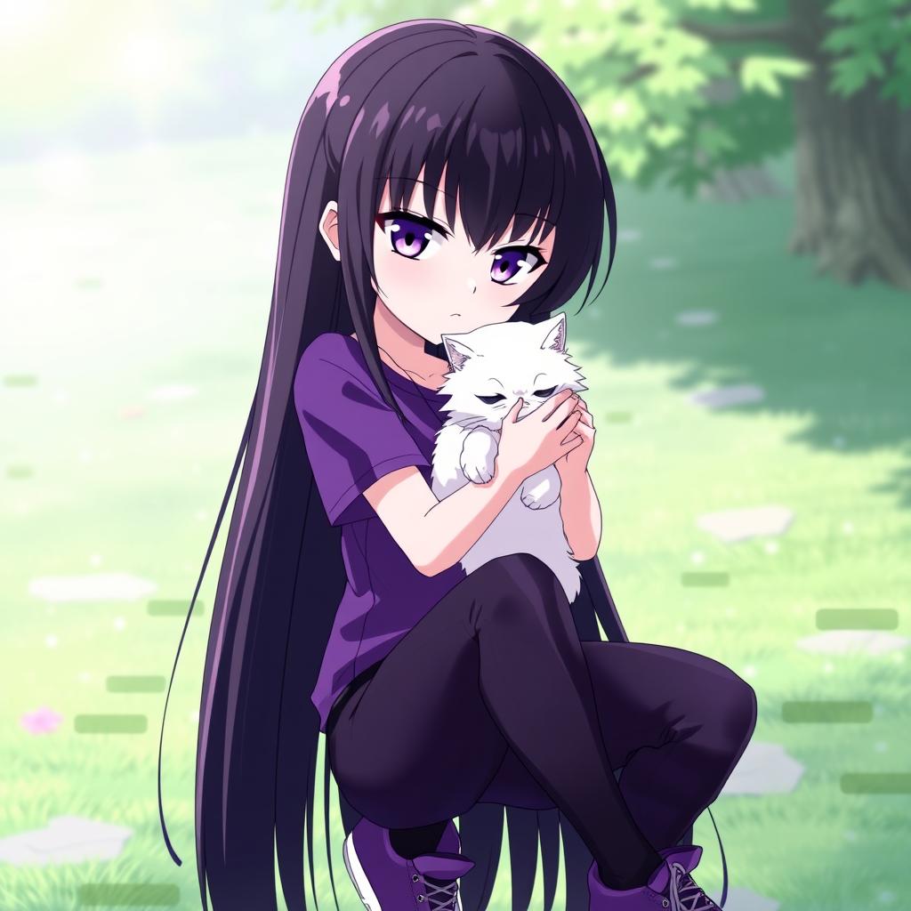 An anime girl with long, straight hair that reaches her waist, dark in color, featuring striking purple eyes and pale skin