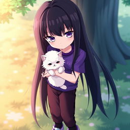 An anime girl with long, straight hair that reaches her waist, dark in color, featuring striking purple eyes and pale skin