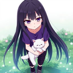 An anime girl with long, straight hair that reaches her waist, dark in color, featuring striking purple eyes and pale skin