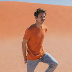 An individual in the middle of a vivid orange desert, wearing a t-shirt and jeans