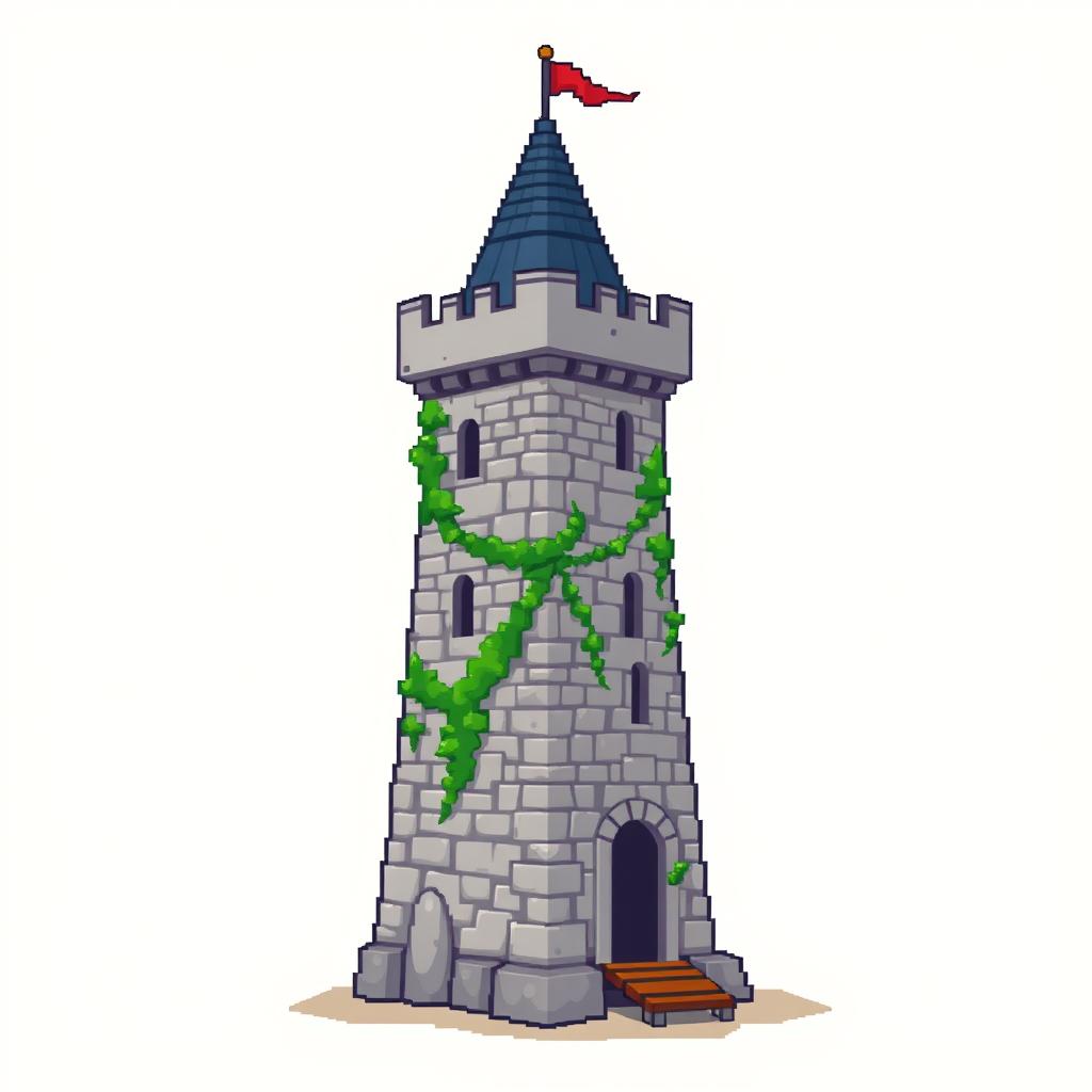 A side view of a pixelated medieval tower standing on a plain empty background, illustrated in a charming pixel art style