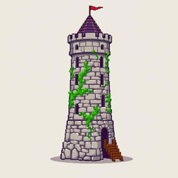 A side view of a pixelated medieval tower standing on a plain empty background, illustrated in a charming pixel art style