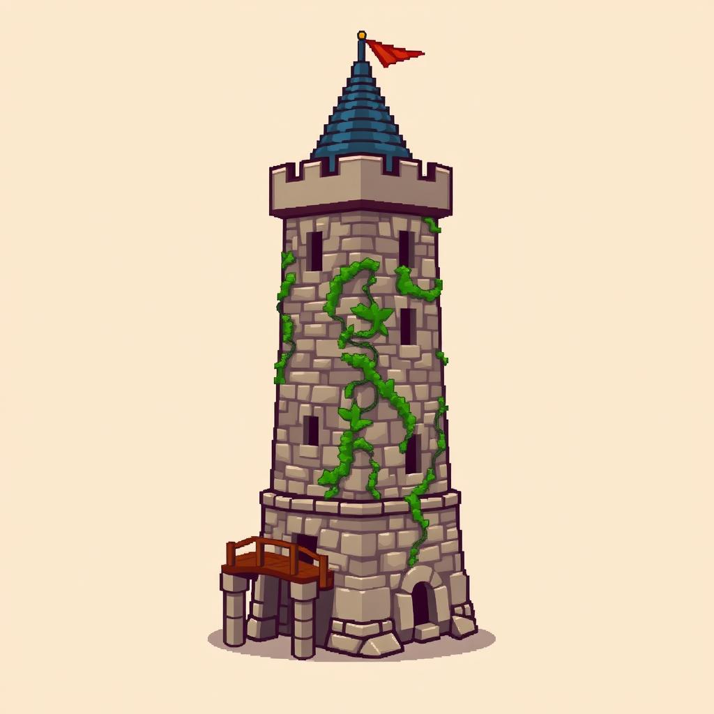 A side view of a pixelated medieval tower standing on a plain empty background, illustrated in a charming pixel art style