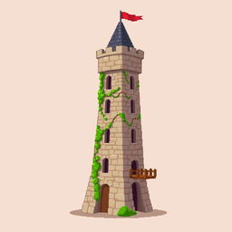 A side view of a pixelated medieval tower standing on a plain empty background, illustrated in a charming pixel art style