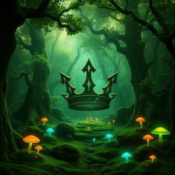 A vibrant green fantasy landscape featuring a large, fractured crown symbol, set within a sprawling wild forest