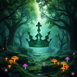 A vibrant green fantasy landscape featuring a large, fractured crown symbol, set within a sprawling wild forest